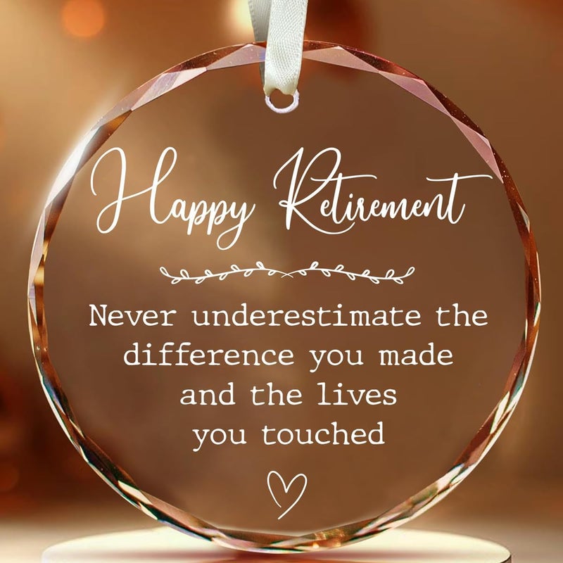 Fastpeace Happy Retirement Glass Ornament – Elegant Clear Glass Keepsake Gift, Inspirational Decoration for Retired Coworker, Teacher, Boss or Friend, Meaningful Retirement Celebration Decor - Image 1